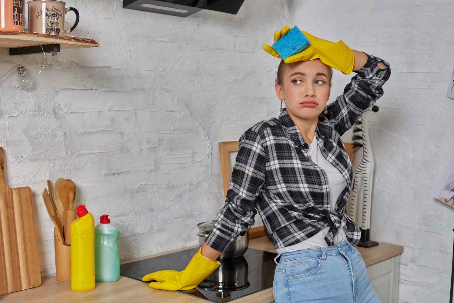 A young woman wearing yellow cleaning gloves leans against a kitchen counter, looking exhausted and unenthusiastic while holding a blue sponge to her forehead. Surrounded by cleaning supplies and kitchen utensils, she appears overwhelmed by household chores.