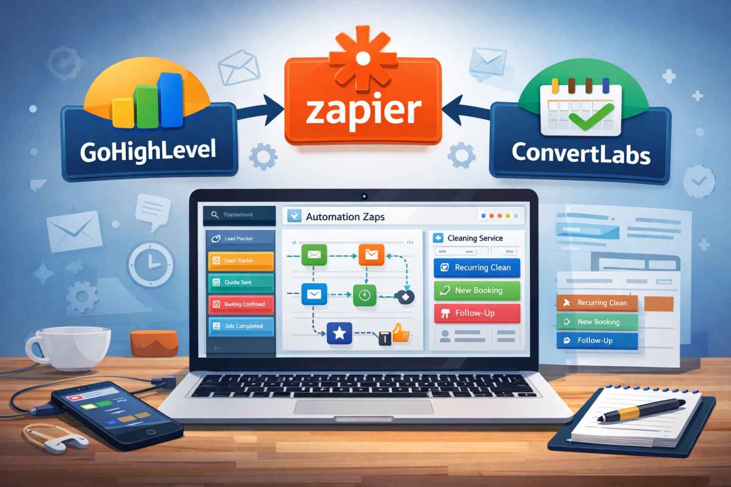 Illustration showing Zapier connecting GoHighLevel and ConvertLabs with arrows between the three logos above a laptop on a desk. The laptop screen shows an Automation Zaps workflow with cleaning service steps like recurring clean new booking and follow up alongside icons for email and tasks.